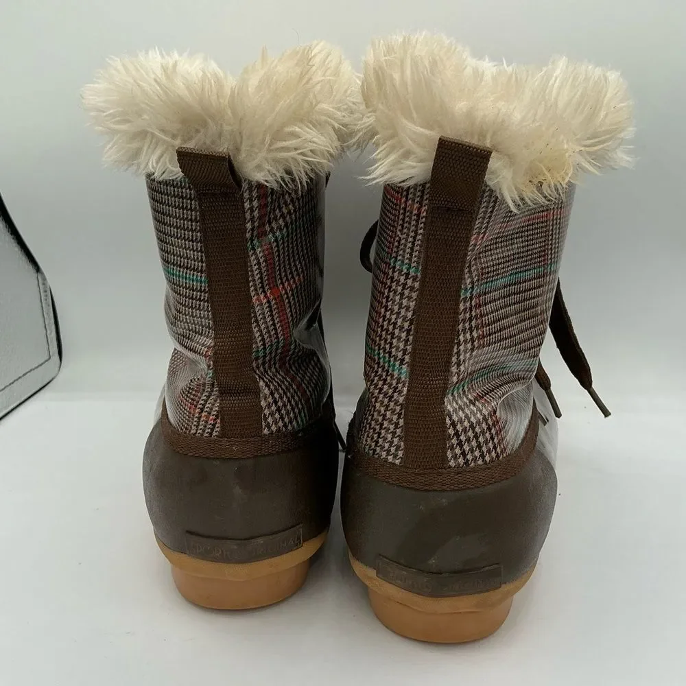 Sporto Plaid Duck Boots, brown rubber shell, faux fur lining size 10